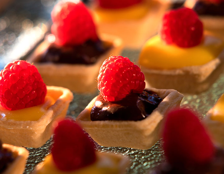 Variety of small desserts neatly placed in rows